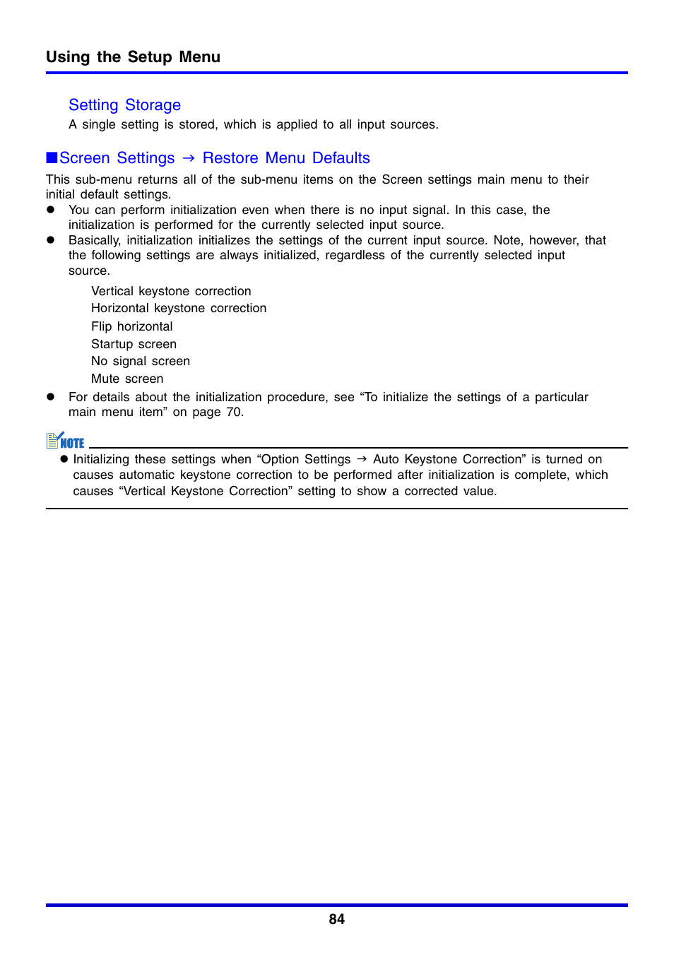 Using the setup menu, Setting storage, Screen settings j restore menu defaults | Casio XJ-350 User Manual | Page 84 / 120