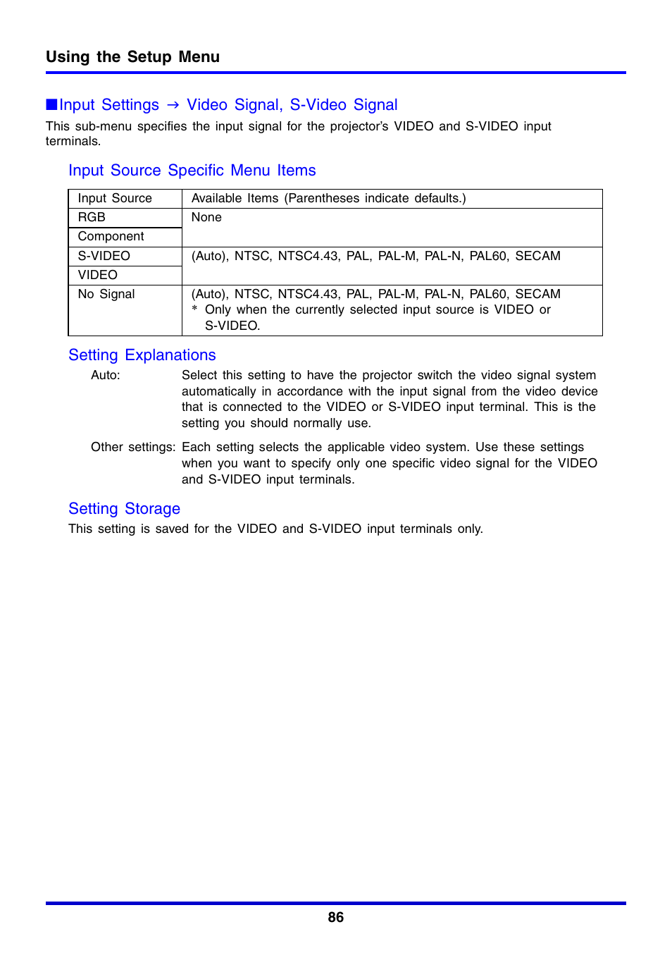 Using the setup menu, Input settings j video signal, s-video signal, Setting storage | Casio XJ-350 User Manual | Page 86 / 120