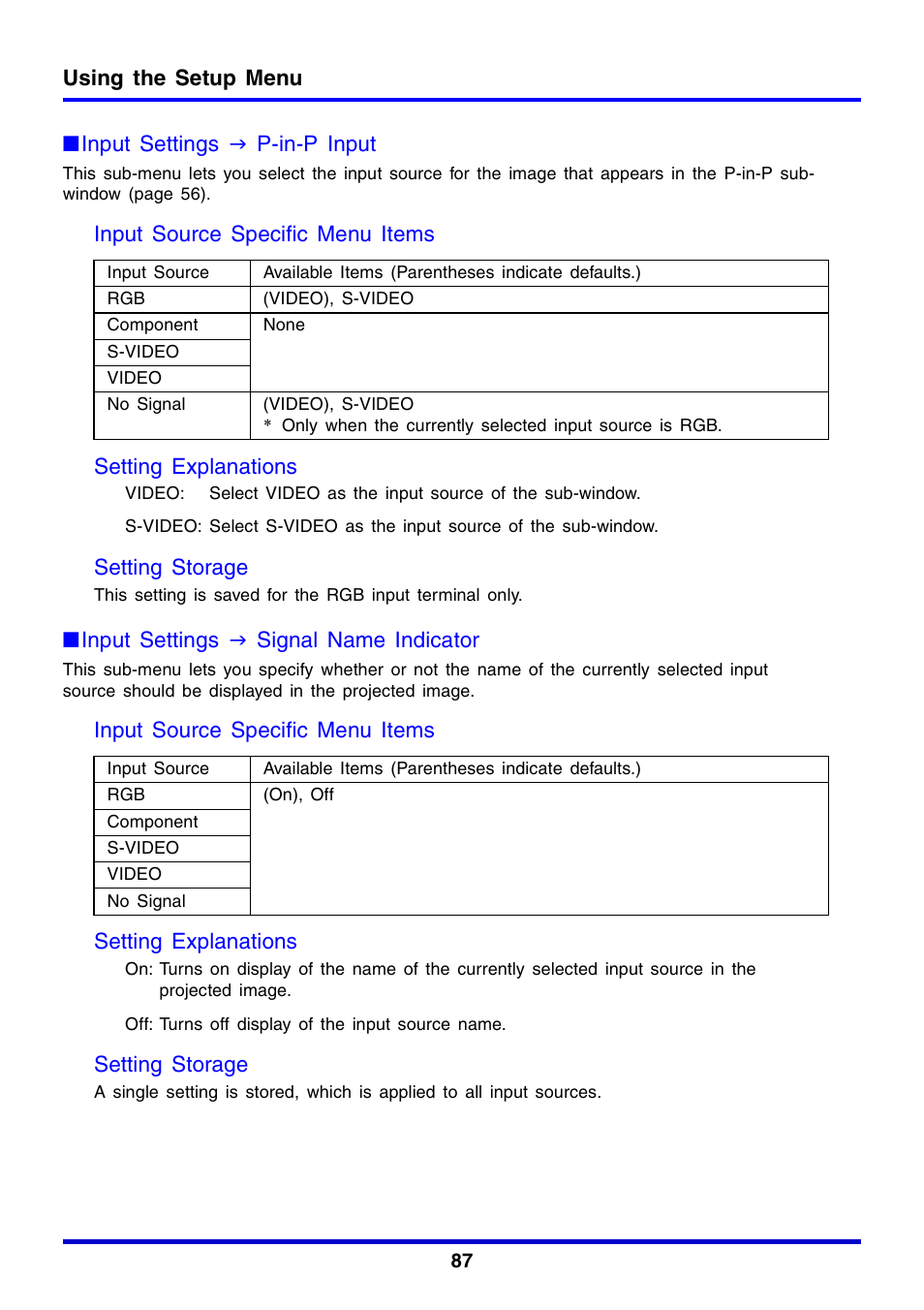 Setting storage, Input settings j signal name indicator | Casio XJ-350 User Manual | Page 87 / 120