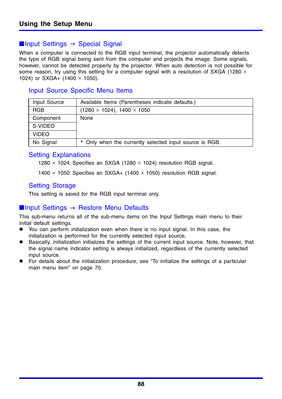 Using the setup menu, Input settings j special signal, Setting storage | Input settings j restore menu defaults | Casio XJ-350 User Manual | Page 88 / 120