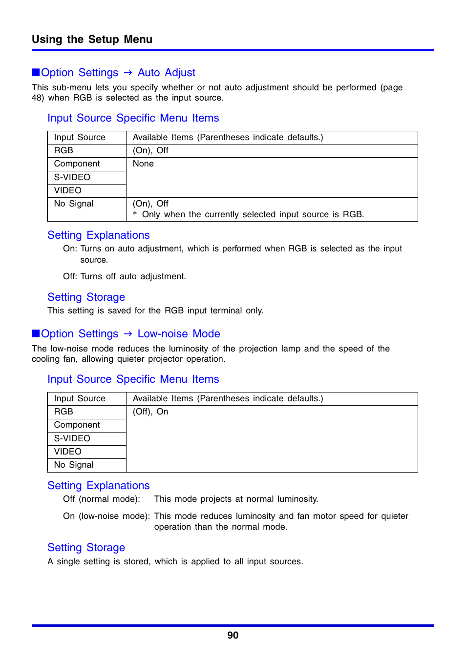 Using the setup menu, Option settings j auto adjust, Setting storage | Option settings j low-noise mode | Casio XJ-350 User Manual | Page 90 / 120