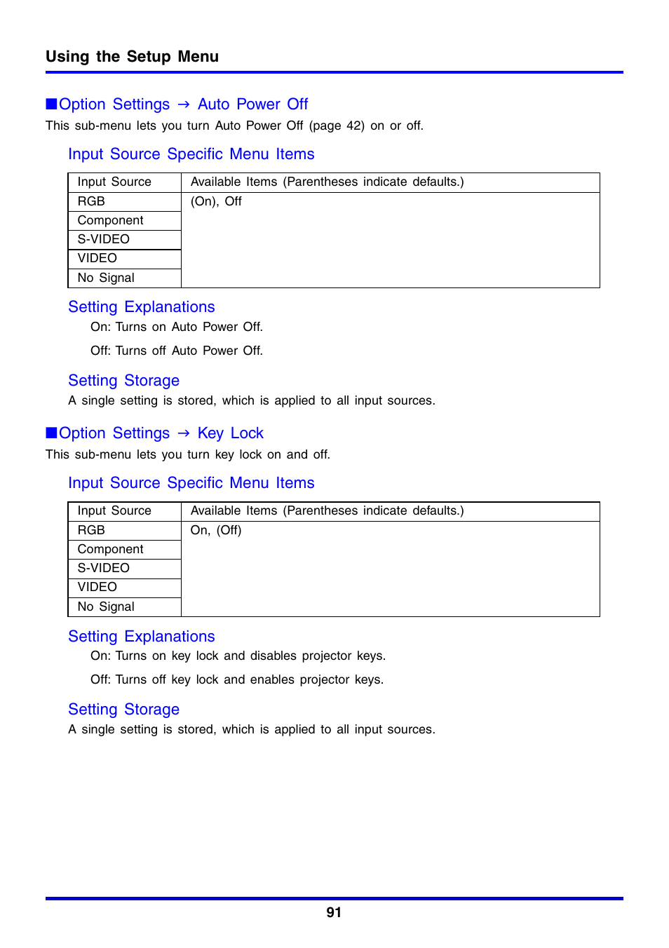 Setting storage, Option settings j key lock | Casio XJ-350 User Manual | Page 91 / 120