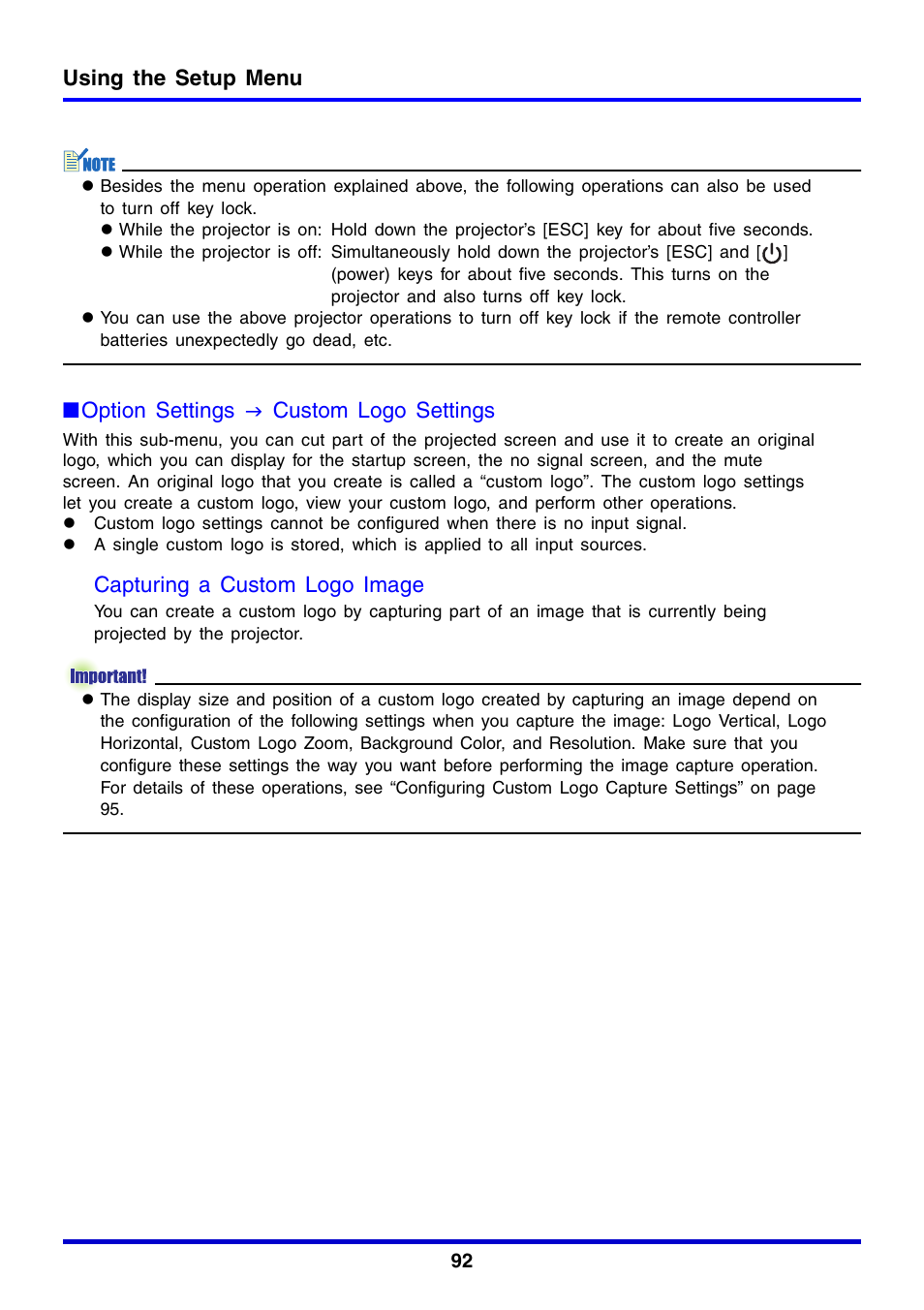 Using the setup menu, Option settings j custom logo settings, Capturing a custom logo image | Casio XJ-350 User Manual | Page 92 / 120