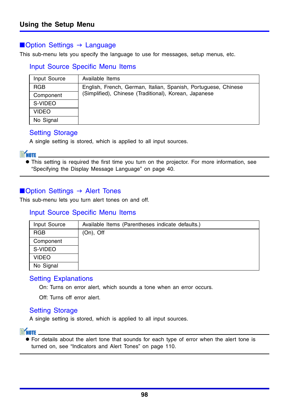 Using the setup menu, Option settings j language, Input source specific menu items setting storage | Option settings j alert tones, Setting storage | Casio XJ-350 User Manual | Page 98 / 120