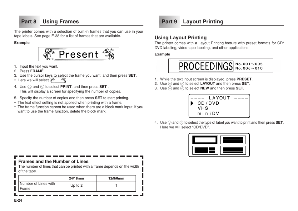 Part 8 using frames, Part 9 layout printing | Casio KL-8200 User Manual | Page 25 / 45