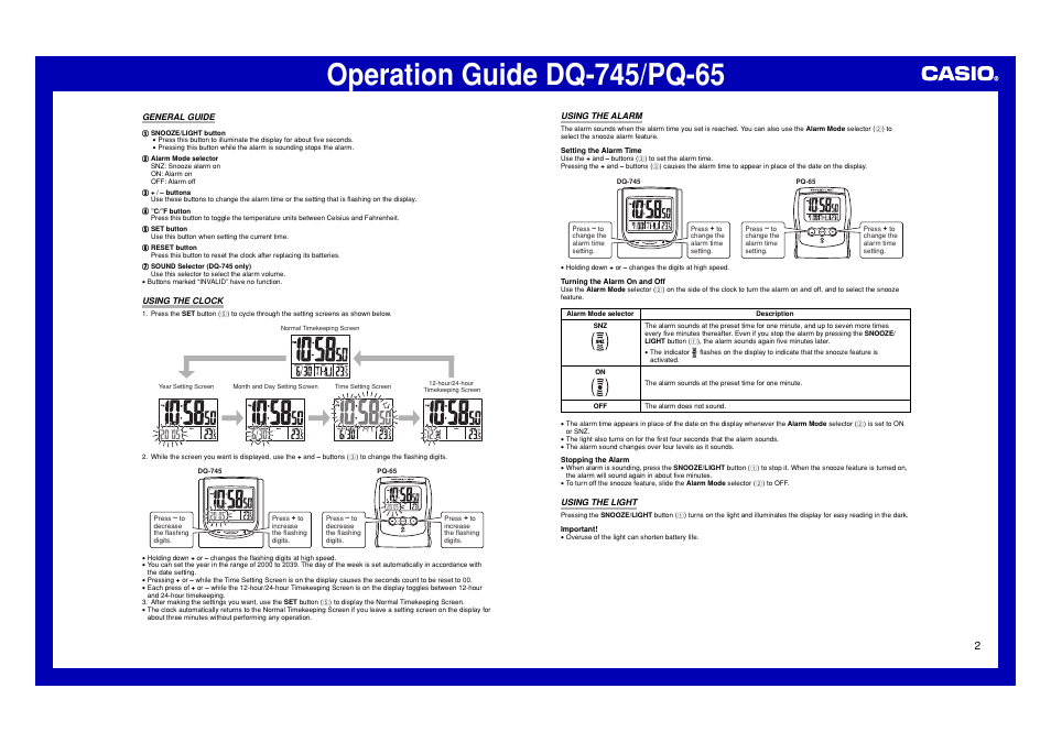 General guide, Using the clock, Using the alarm | Using the light, Alarm set | Casio PQ-65 User Manual | Page 2 / 3