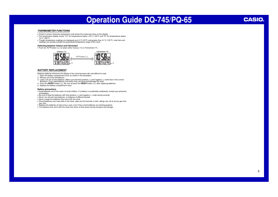 Thermometer functions, Battery replacement | Casio PQ-65 User Manual | Page 3 / 3