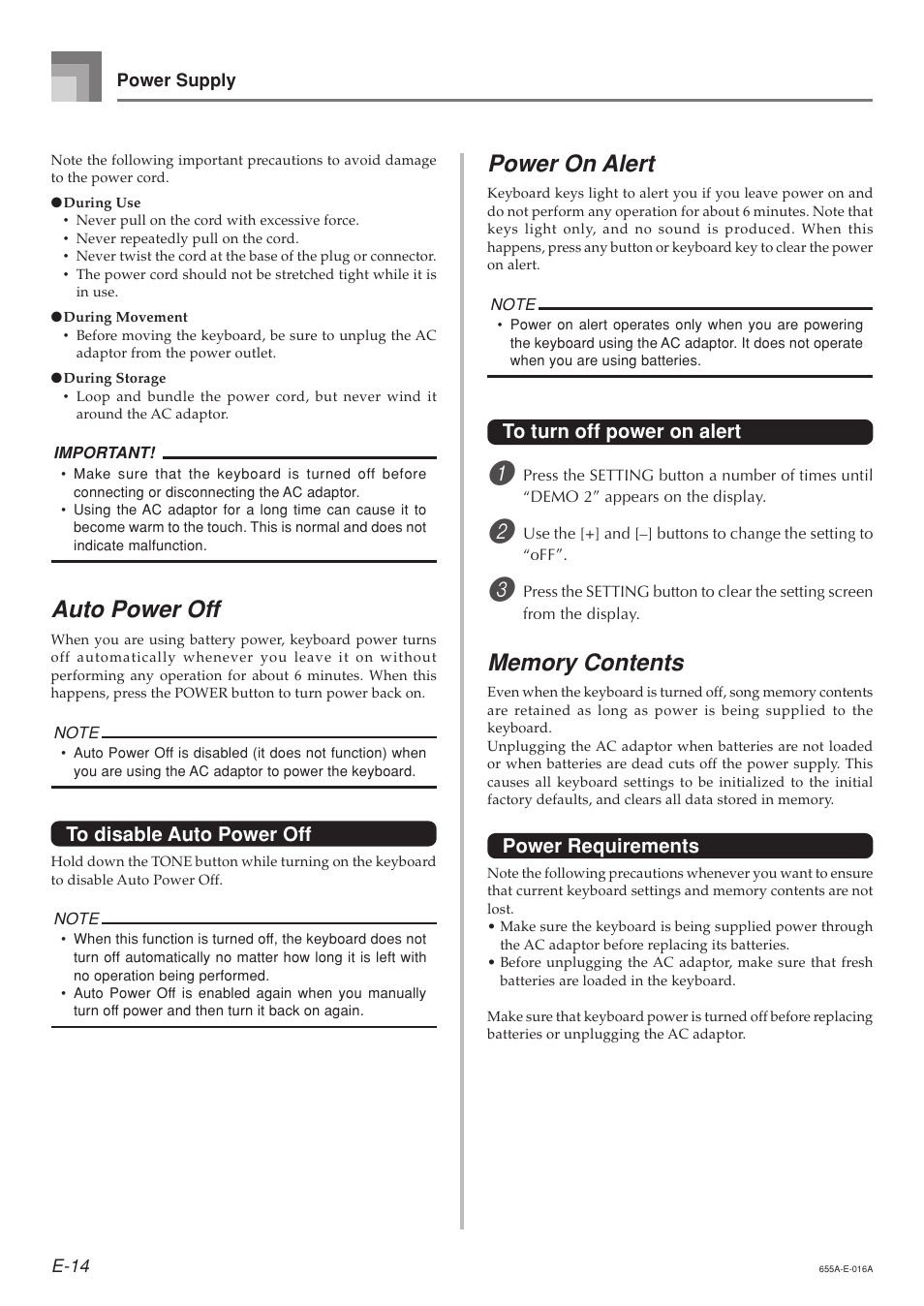 Power on alert, Auto power off, Power requirements | Casio LK94TV User Manual | Page 16 / 69