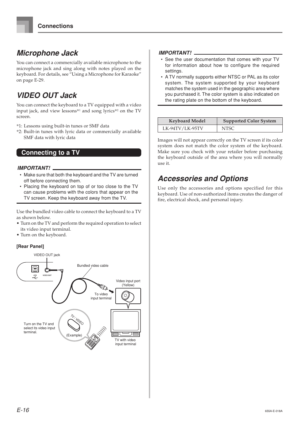Microphone jack, Video out jack, Accessories and options | Connecting to a tv, E-16, Connections | Casio LK94TV User Manual | Page 18 / 69