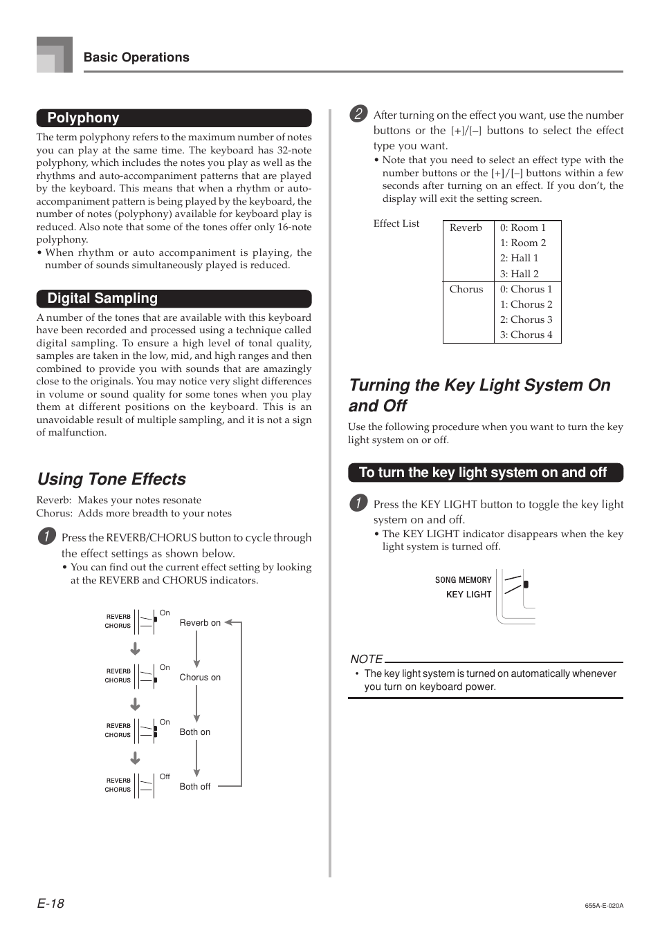 Using tone effects, Turning the key light system on and off, Polyphony | Digital sampling | Casio LK94TV User Manual | Page 20 / 69