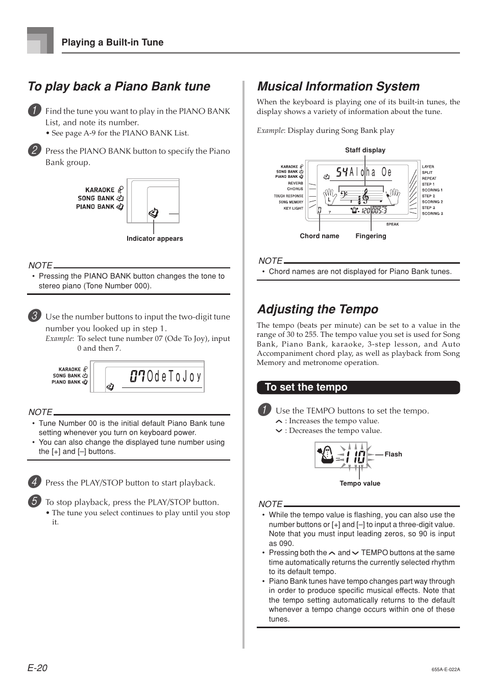 Musical information system, Adjusting the tempo | Casio LK94TV User Manual | Page 22 / 69