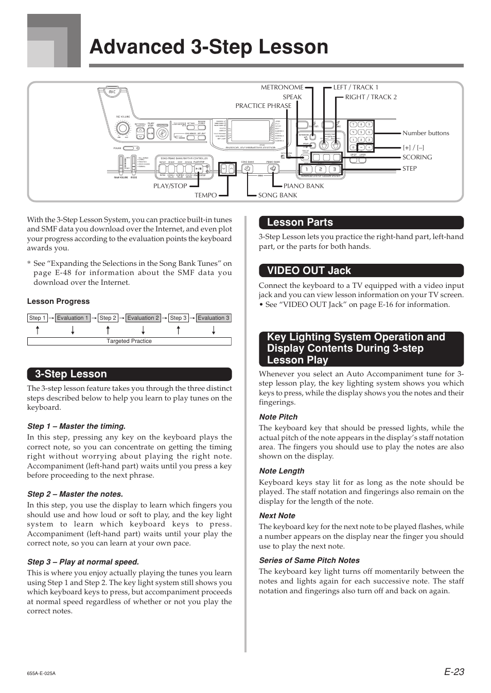 Advanced 3-step lesson, Lesson parts, Video out jack | Step lesson, E-23 | Casio LK94TV User Manual | Page 25 / 69