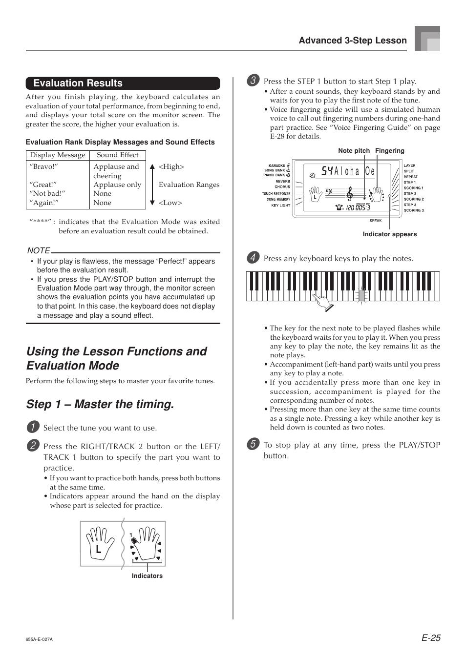 Using the lesson functions and evaluation mode, Step 1 – master the timing, Evaluation results | Casio LK94TV User Manual | Page 27 / 69