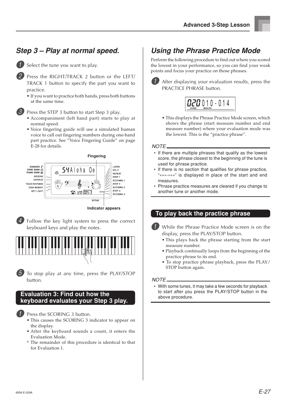 Step 3 – play at normal speed, Using the phrase practice mode | Casio LK94TV User Manual | Page 29 / 69