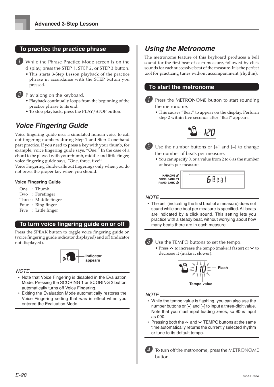 B e a t, Voice fingering guide, Using the metronome | Casio LK94TV User Manual | Page 30 / 69