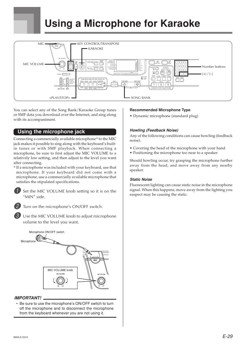 Using a microphone for karaoke, Using the microphone jack | Casio LK94TV User Manual | Page 31 / 69