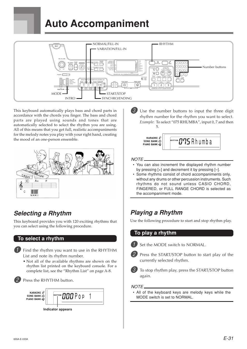 Auto accompaniment, Selecting a rhythm, Playing a rhythm | Casio LK94TV User Manual | Page 33 / 69