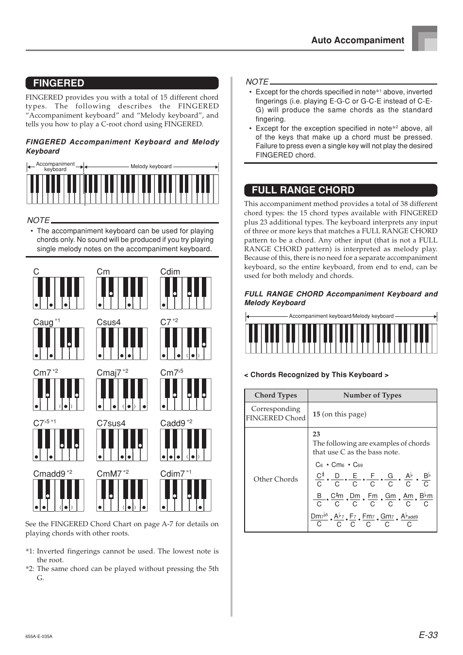 Fingered, Full range chord, E-33 auto accompaniment | Ccaug, Cmadd9, Cm csus4 cmaj7, C7sus4 cmm7, Cdim c7, Cadd9, Cdim7 | Casio LK94TV User Manual | Page 35 / 69