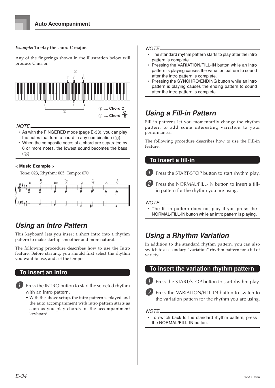 Using an intro pattern, Using a fill-in pattern, Using a rhythm variation | Casio LK94TV User Manual | Page 36 / 69