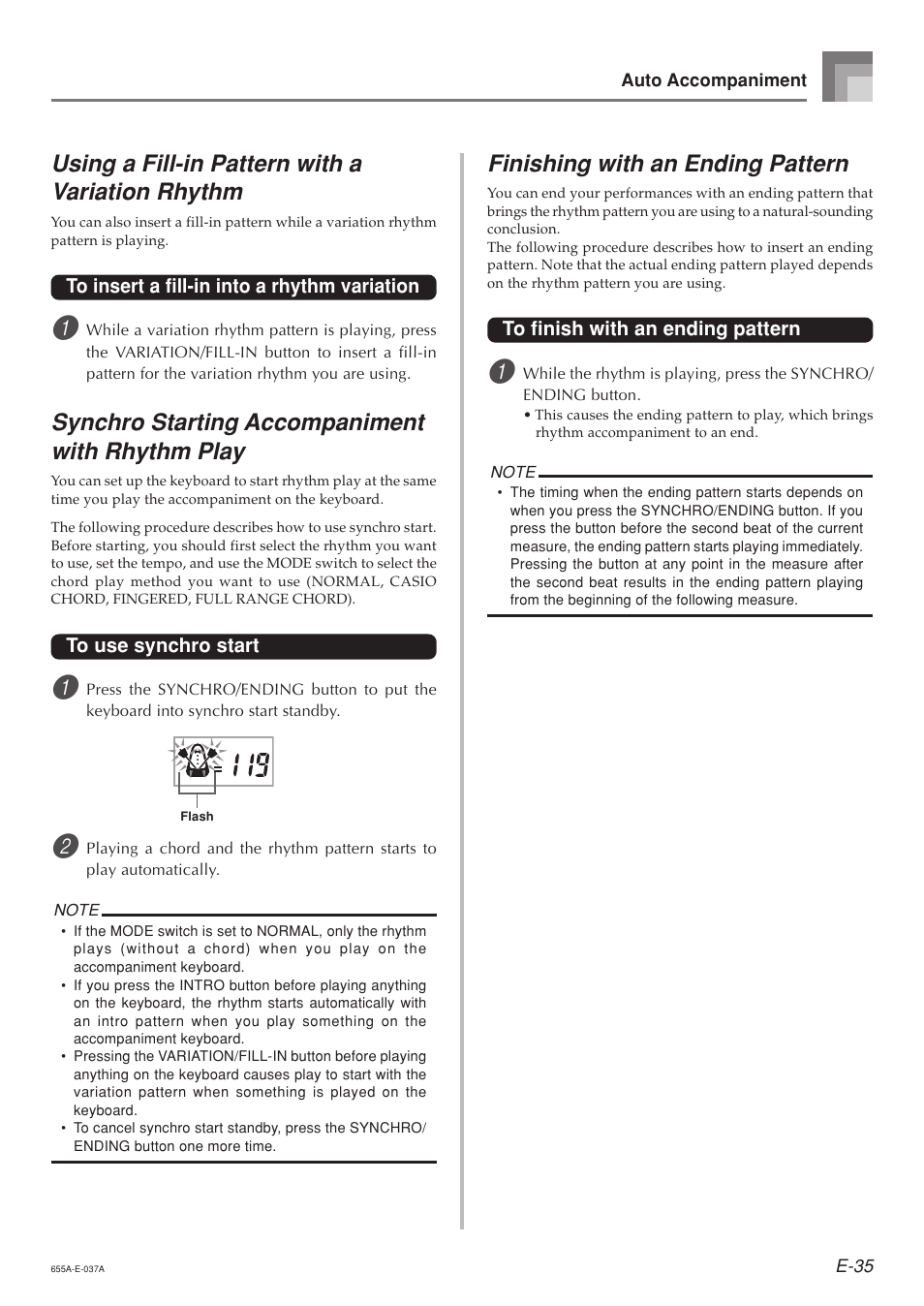 Using a fill-in pattern with a variation rhythm, Synchro starting accompaniment with rhythm play, Finishing with an ending pattern | Casio LK94TV User Manual | Page 37 / 69