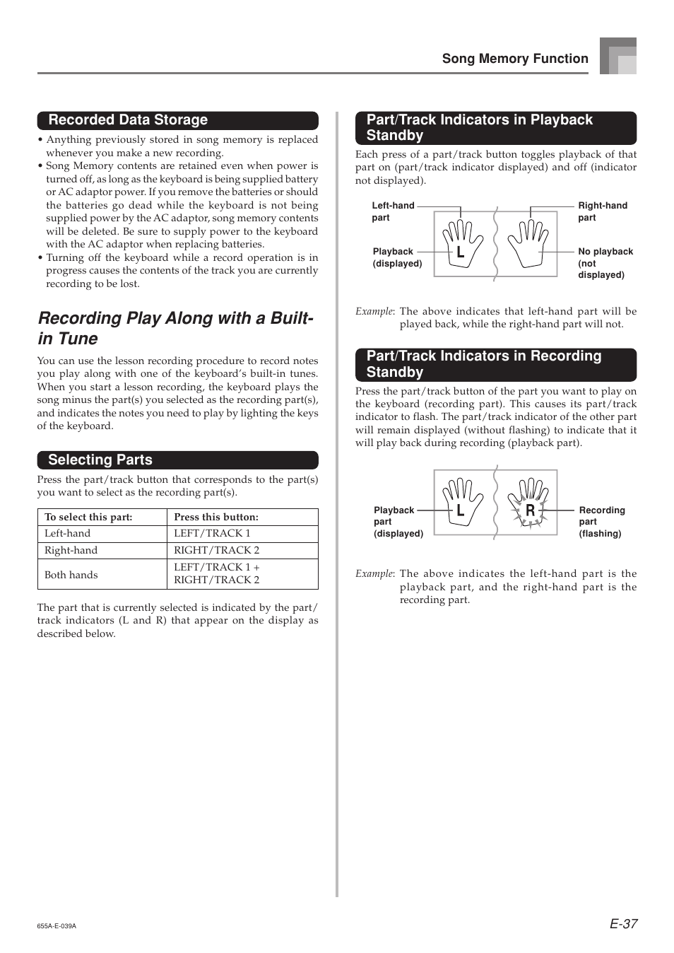 Recording play along with a built- in tune, Recorded data storage, Selecting parts | Part/track indicators in playback standby, Part/track indicators in recording standby | Casio LK94TV User Manual | Page 39 / 69