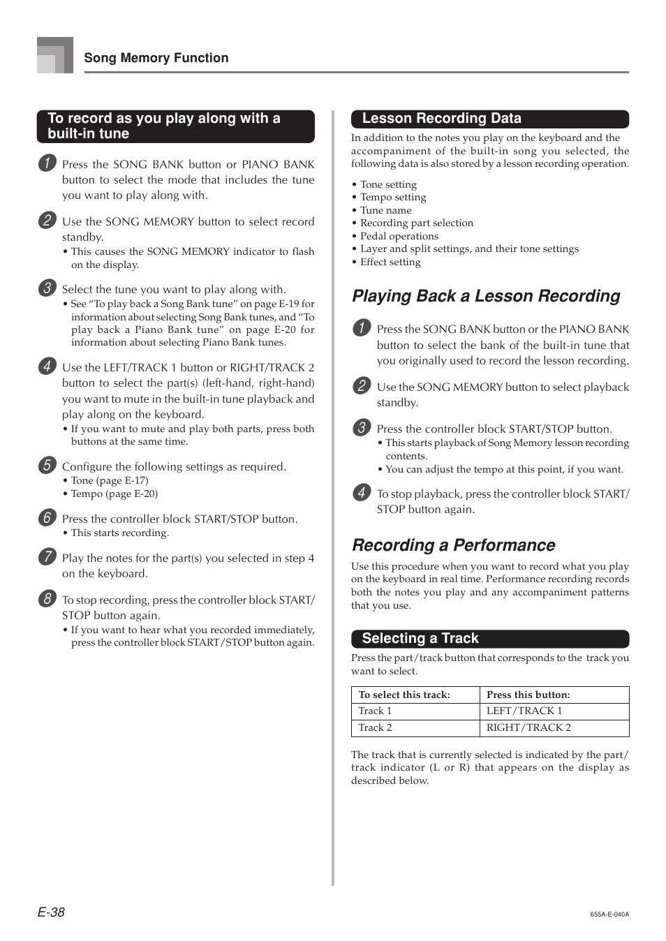 Playing back a lesson recording, Recording a performance | Casio LK94TV User Manual | Page 40 / 69