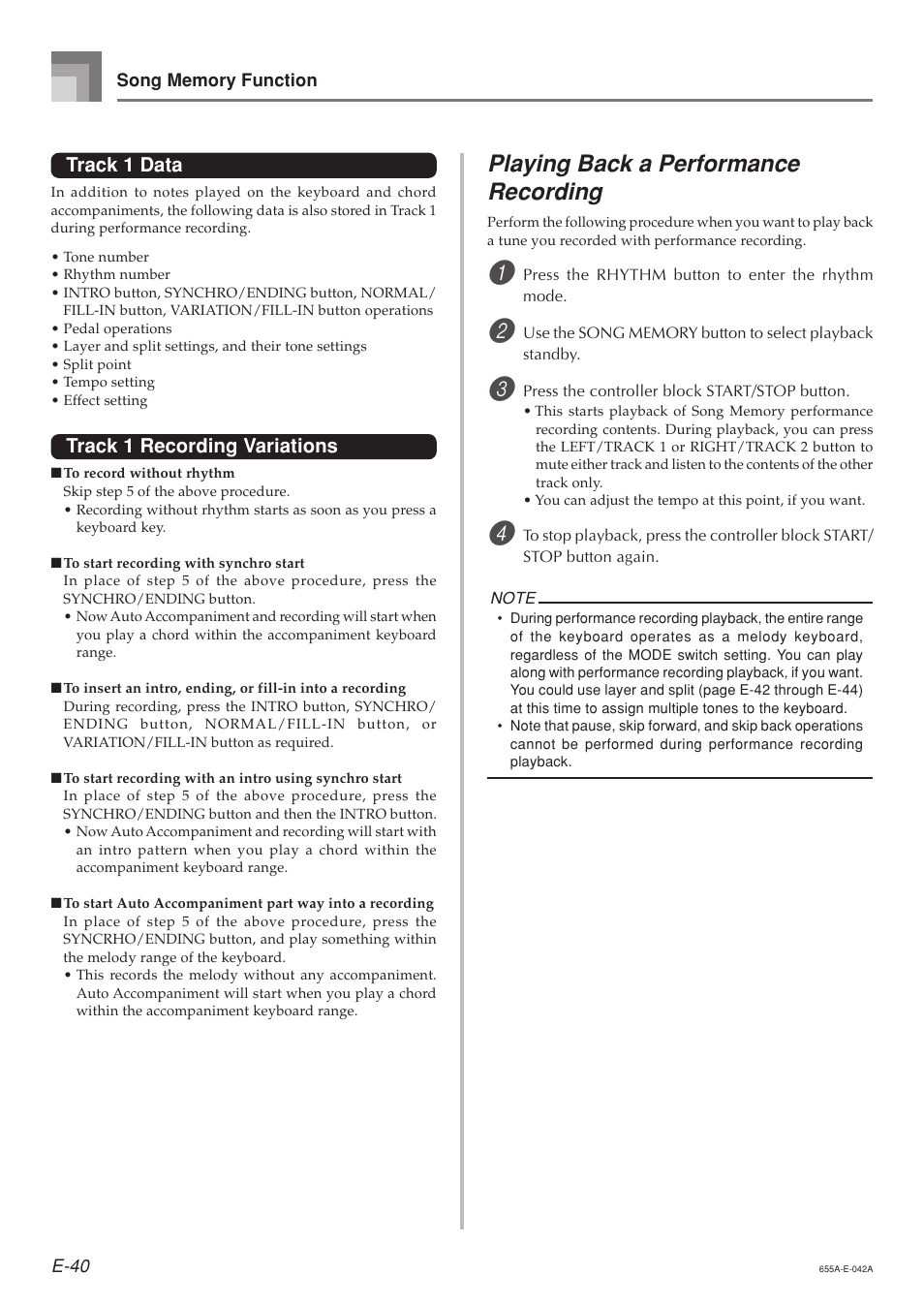 Playing back a performance recording, Track 1 data, Track 1 recording variations | Casio LK94TV User Manual | Page 42 / 69