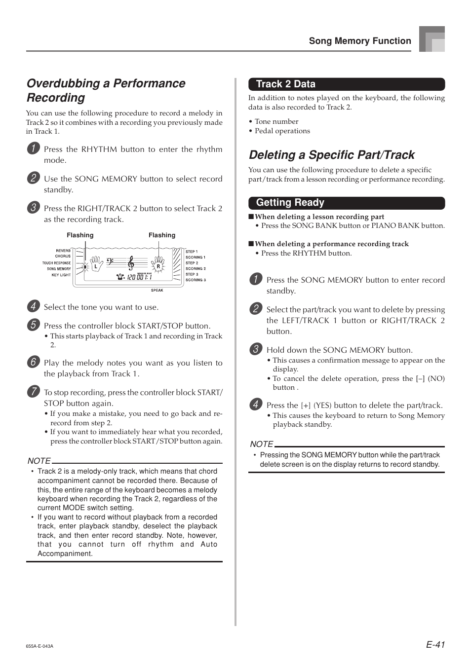 Overdubbing a performance recording, Deleting a specific part/track | Casio LK94TV User Manual | Page 43 / 69