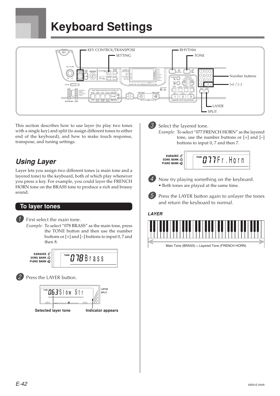 Keyboard settings, F r . h o n r, Using layer | Casio LK94TV User Manual | Page 44 / 69