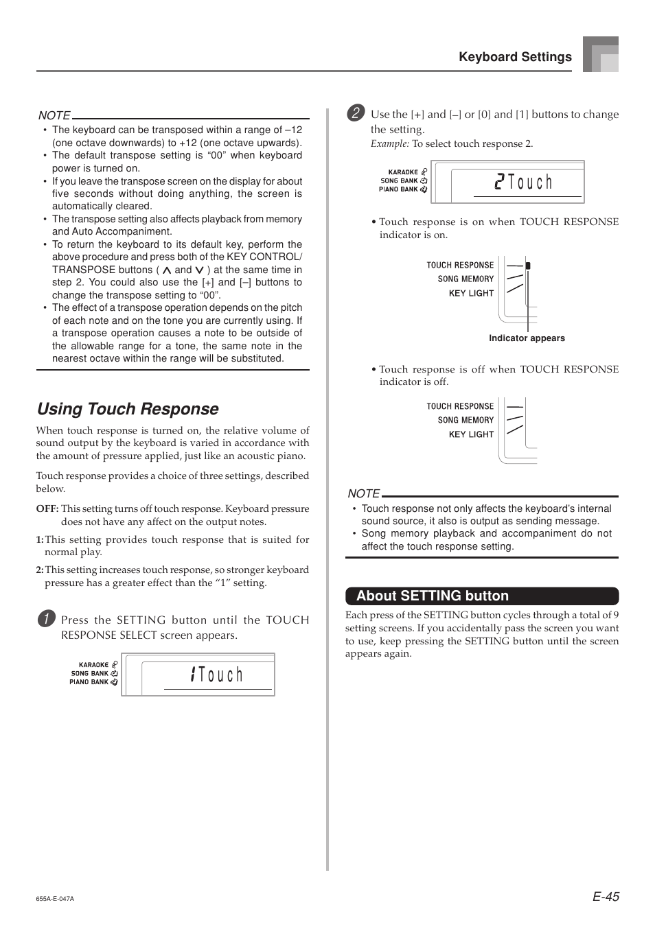 Using touch response, About setting button | Casio LK94TV User Manual | Page 47 / 69