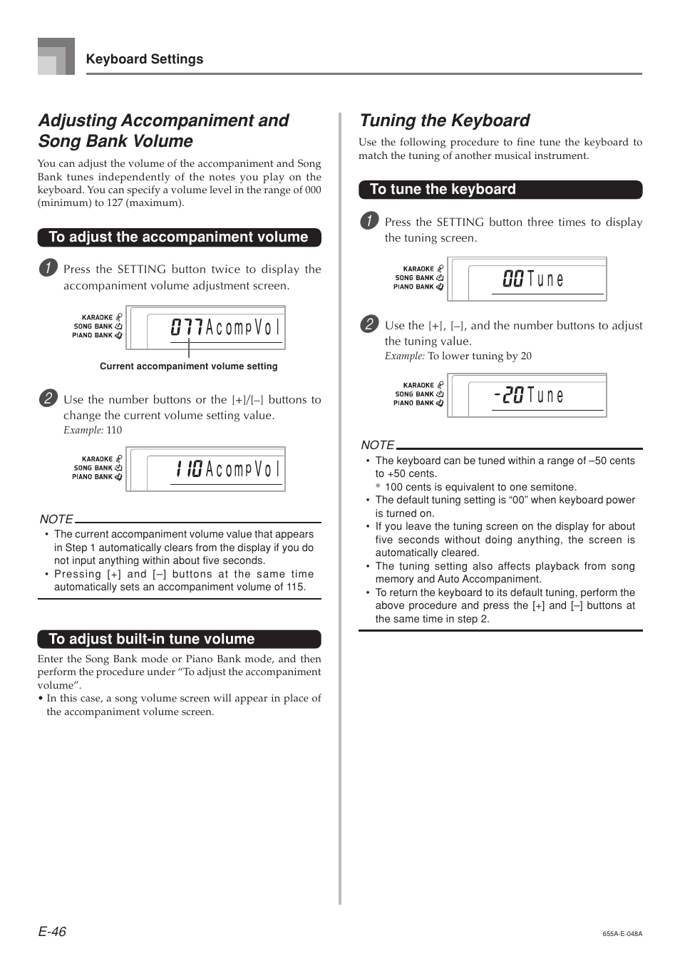 T u n e, A c o m, V o l | Adjusting accompaniment and song bank volume, Tuning the keyboard | Casio LK94TV User Manual | Page 48 / 69