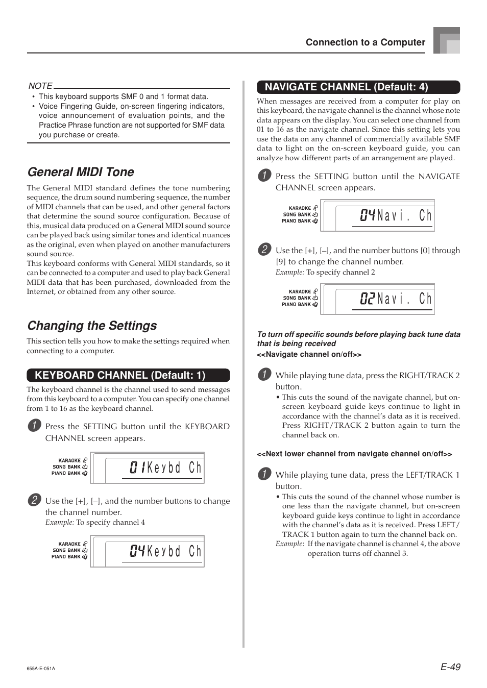 B d c h, Changing the settings, General midi tone | Casio LK94TV User Manual | Page 51 / 69