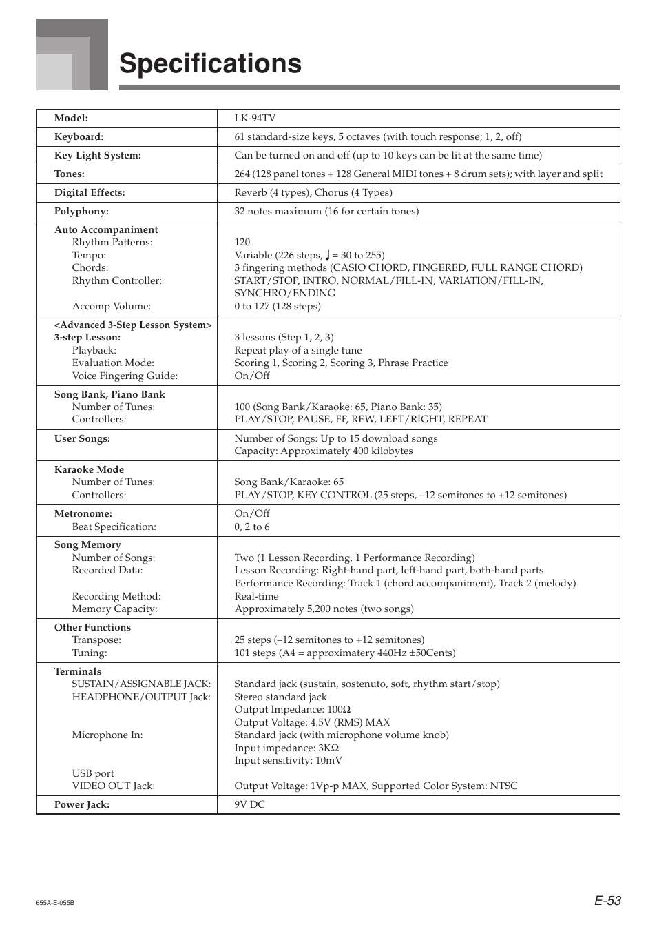 Specifications, E-53 | Casio LK94TV User Manual | Page 55 / 69