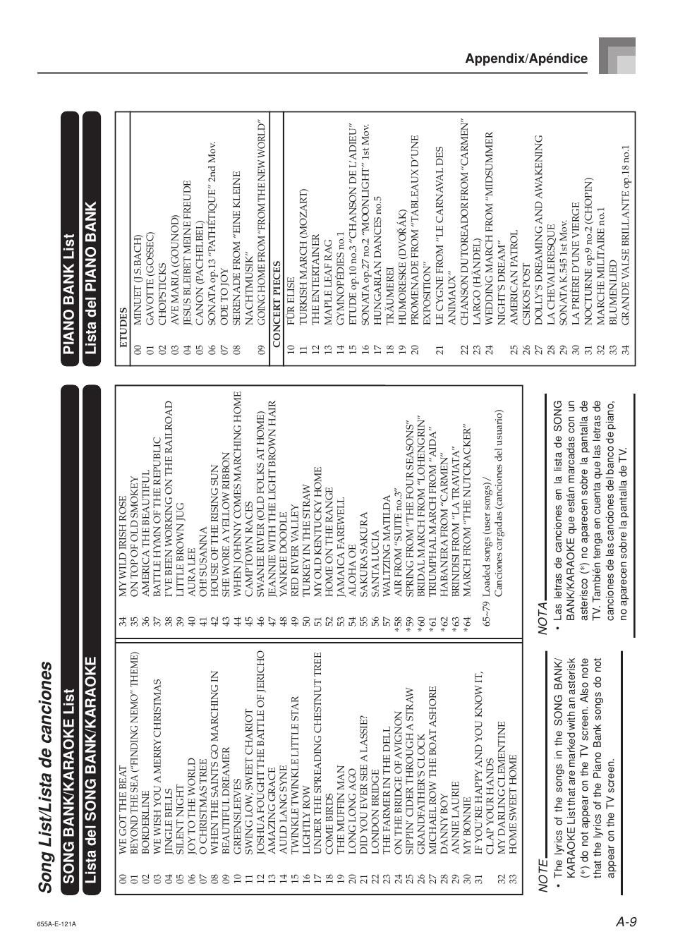 Song list/lista de canciones, A-9 appendix/apéndice, Nota | Casio LK94TV User Manual | Page 66 / 69