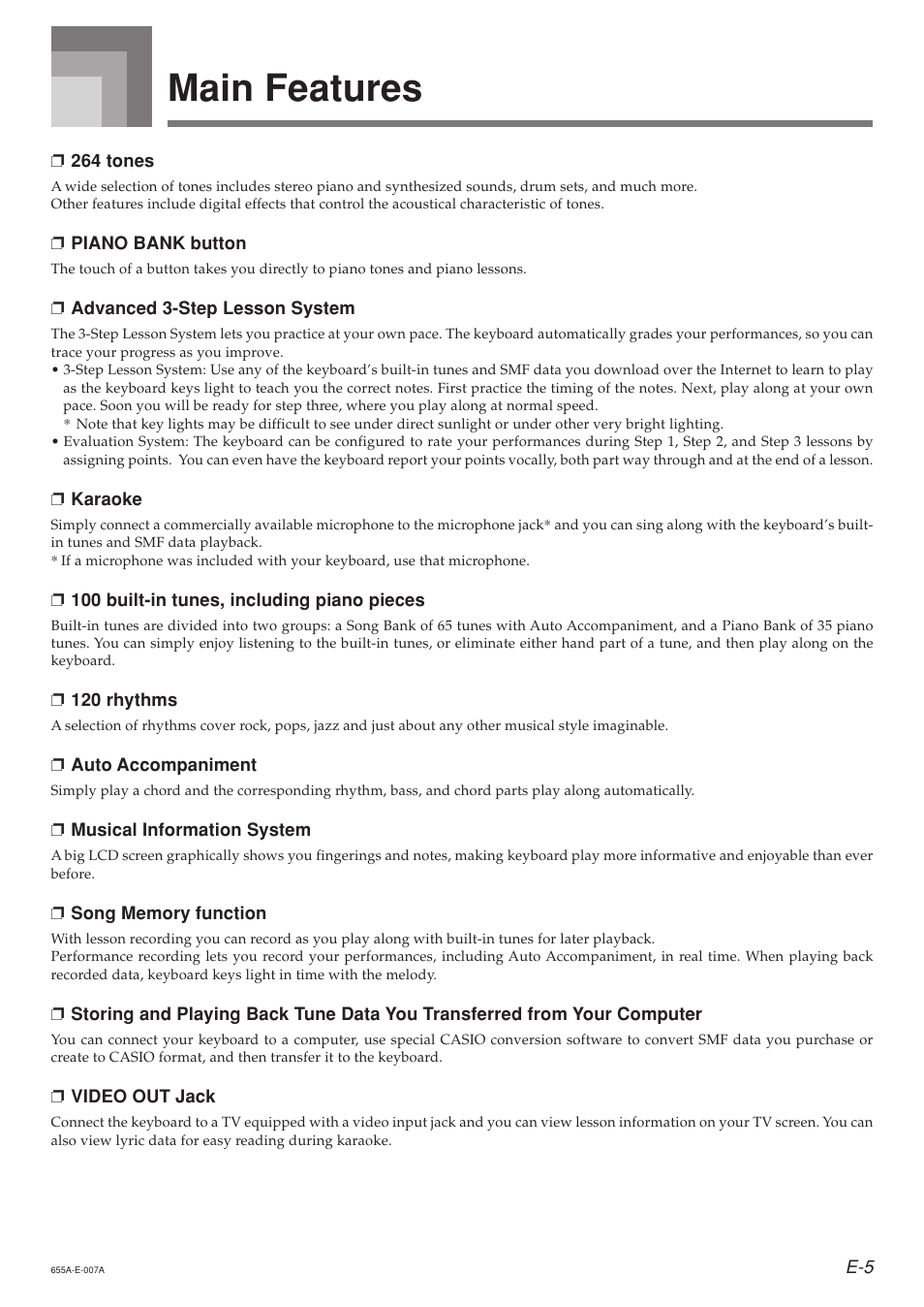 Main features | Casio LK94TV User Manual | Page 7 / 69