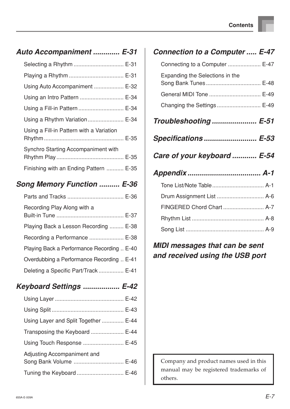 Auto accompaniment ............. e-31, Keyboard settings .................. e-42, Connection to a computer ..... e-47 | Casio LK94TV User Manual | Page 9 / 69