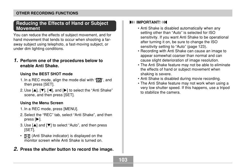 Reducing the effects of hand or subject movement | Casio EX-Z120 User Manual | Page 103 / 242