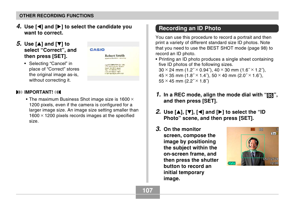 Recording an id photo | Casio EX-Z120 User Manual | Page 107 / 242