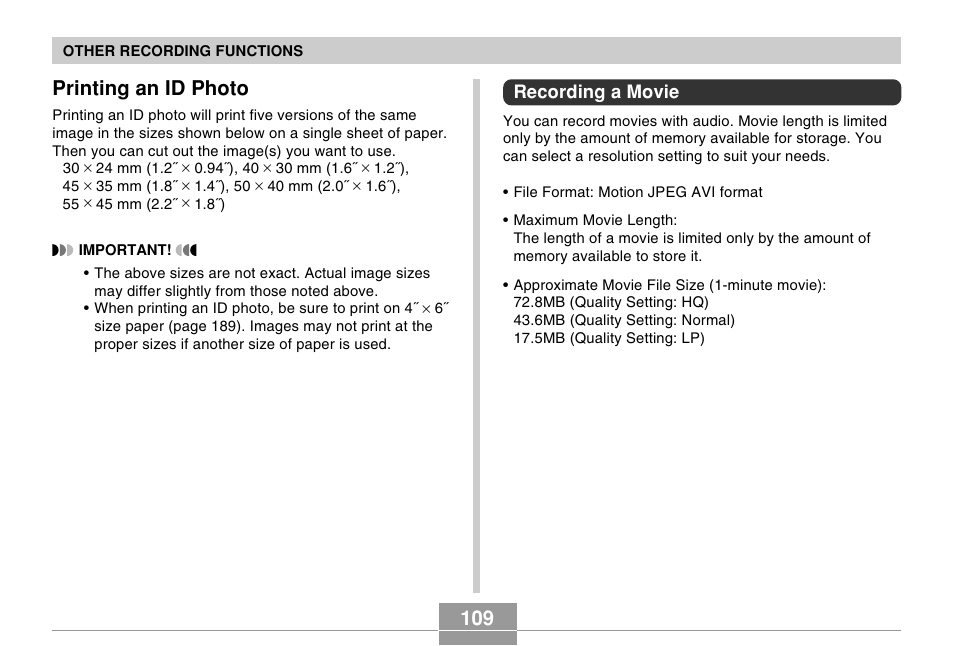 Printing an id photo, Recording a movie | Casio EX-Z120 User Manual | Page 109 / 242