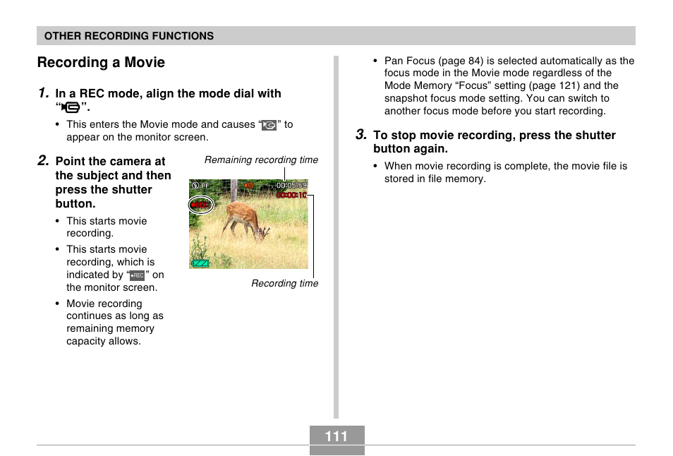 Recording a movie, Recording a movie 1 | Casio EX-Z120 User Manual | Page 111 / 242