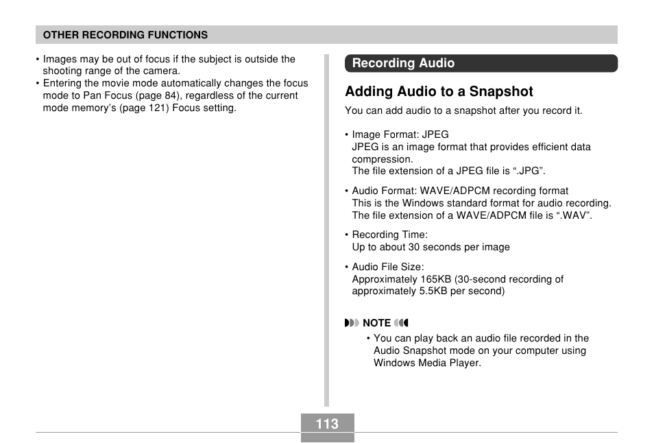 Recording audio, Adding audio to a snapshot | Casio EX-Z120 User Manual | Page 113 / 242