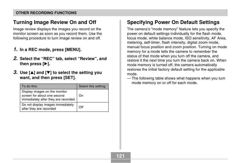 Turning image review on and off, Specifying power on default settings | Casio EX-Z120 User Manual | Page 121 / 242
