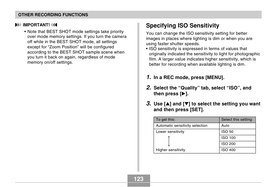 Specifying iso sensitivity | Casio EX-Z120 User Manual | Page 123 / 242