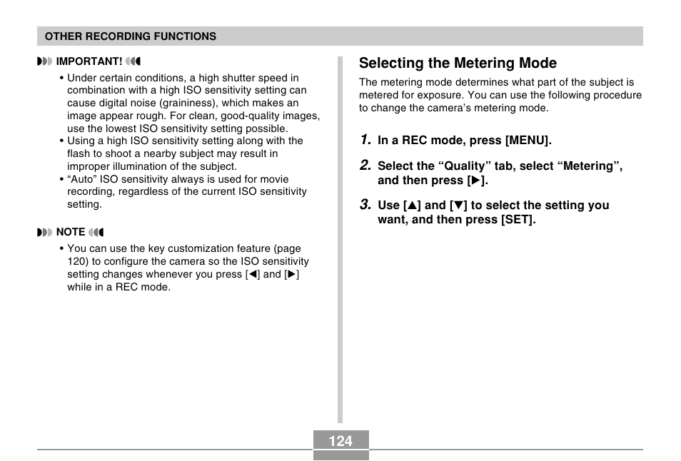 Selecting the metering mode | Casio EX-Z120 User Manual | Page 124 / 242
