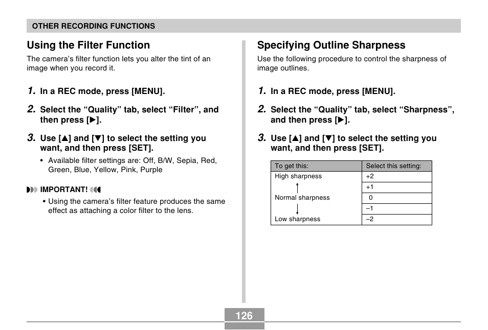 Using the filter function, Specifying outline sharpness | Casio EX-Z120 User Manual | Page 126 / 242