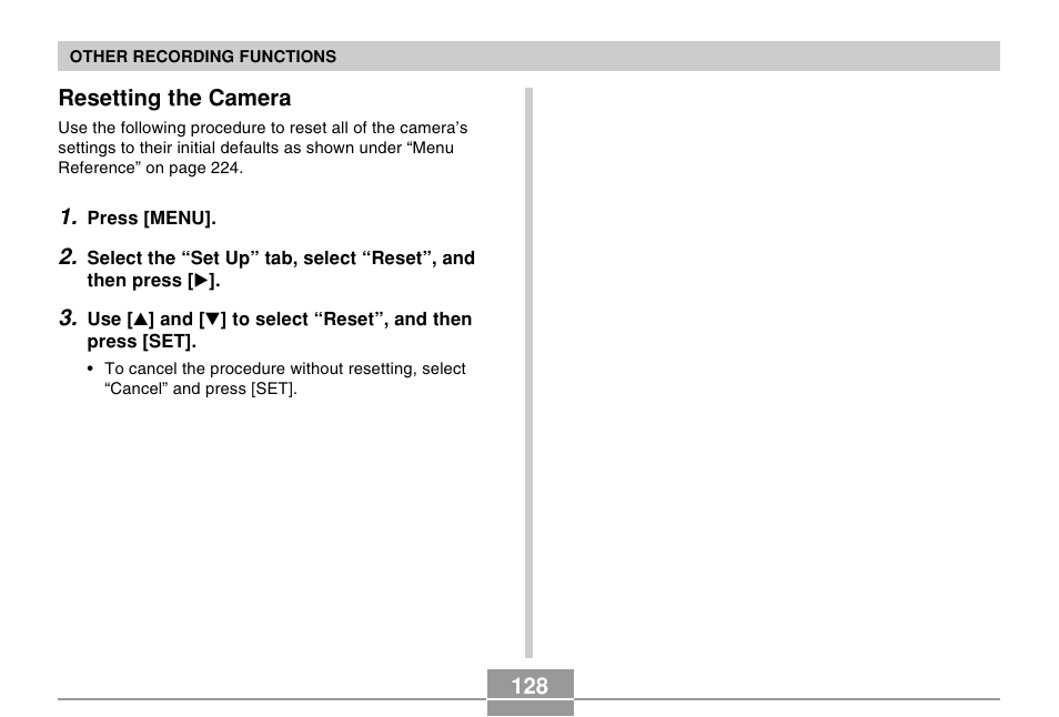 Resetting the camera | Casio EX-Z120 User Manual | Page 128 / 242