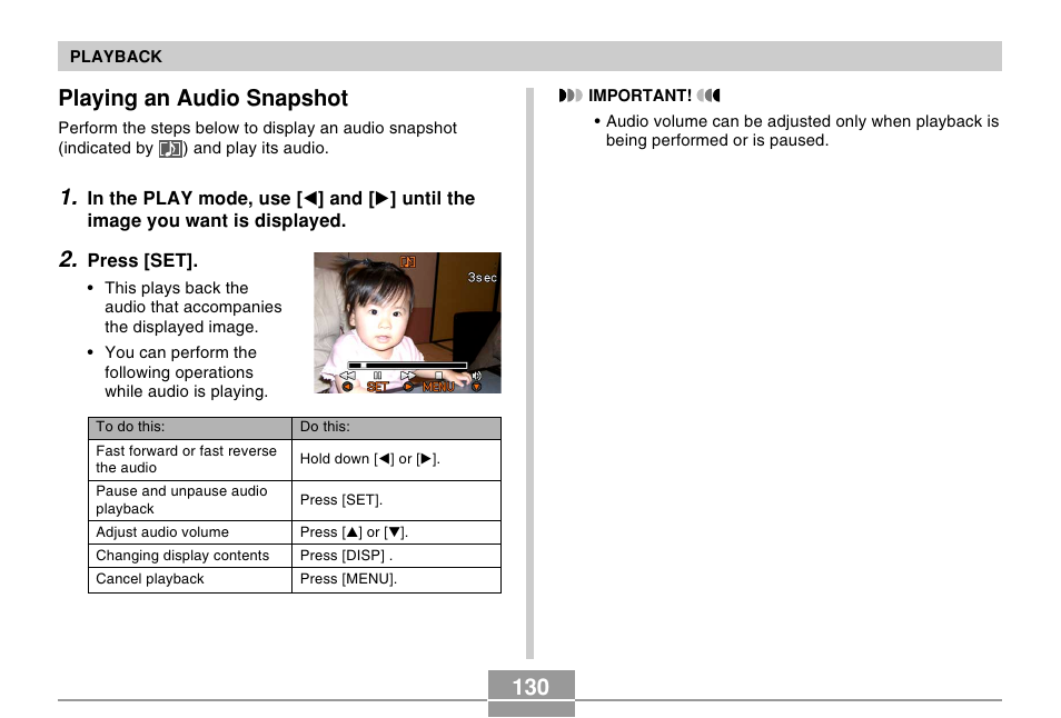 Playing an audio snapshot | Casio EX-Z120 User Manual | Page 130 / 242