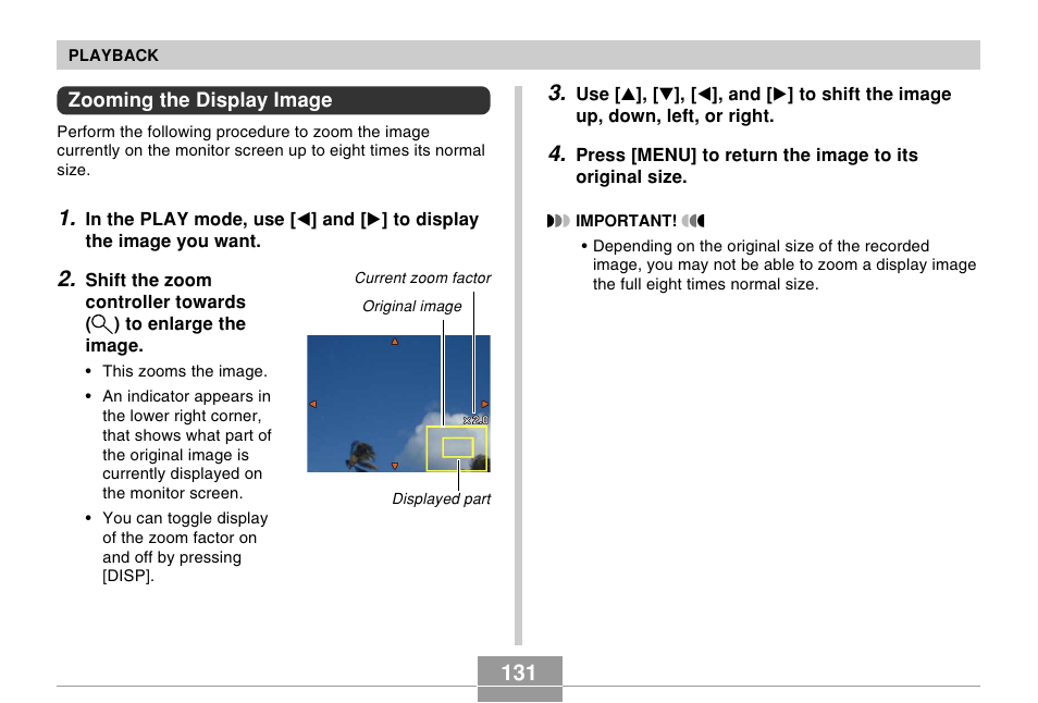 Zooming the display image | Casio EX-Z120 User Manual | Page 131 / 242