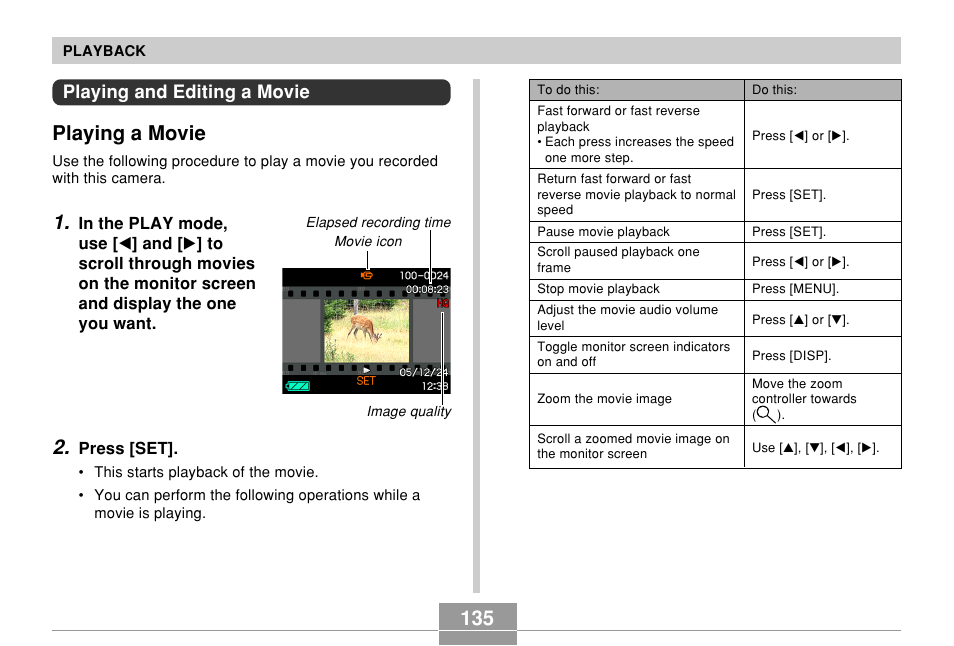 Playing and editing a movie, Playing a movie | Casio EX-Z120 User Manual | Page 135 / 242