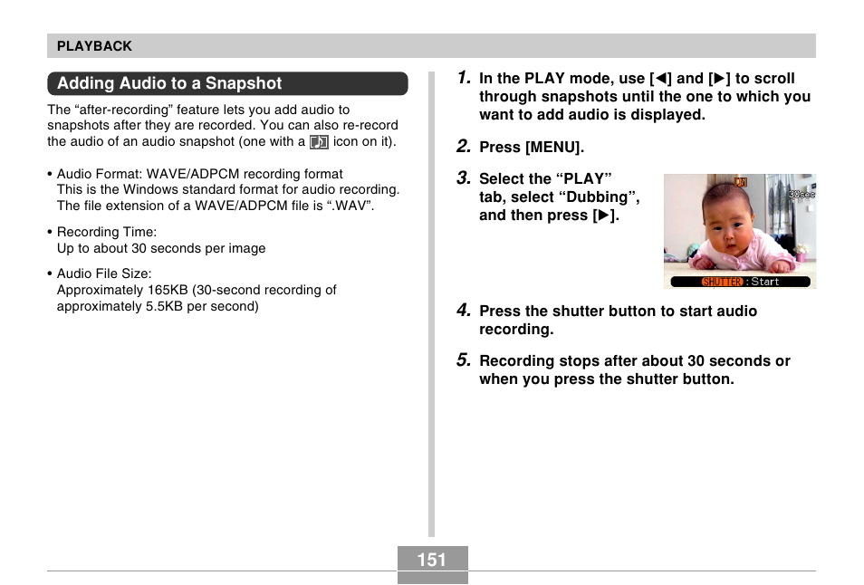 Adding audio to a snapshot | Casio EX-Z120 User Manual | Page 151 / 242